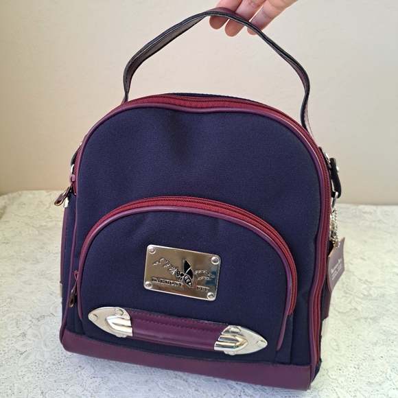 Small Canvas & Leather Backpack Navy and Plum with Silver Hardware Bee Accent - Picture 5 of 14